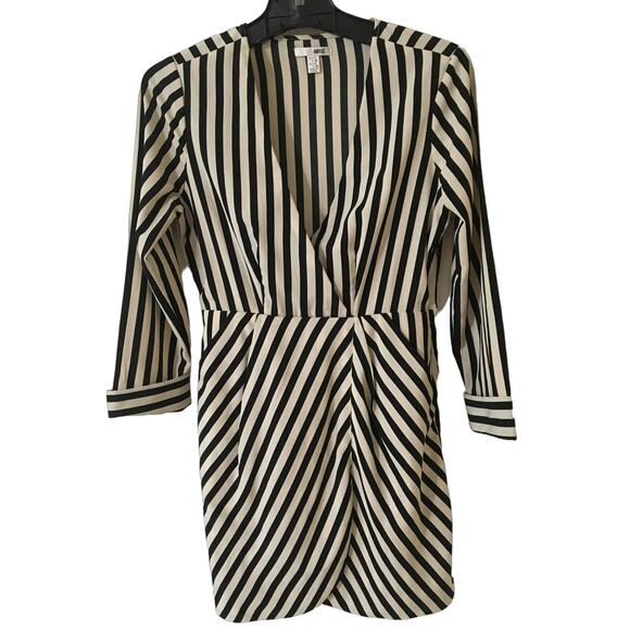 Amuse Society S Black & Tan Striped Minidress Dress Long Sleeves Pockets, V-neck - Picture 1 of 7